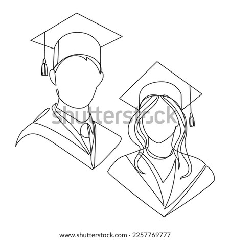 Line art Students graduates in square academic caps sketch drawing vector illustration.Man and woman graduates continuous line abstract portraits,icons,emblems.Graduation,Education concept