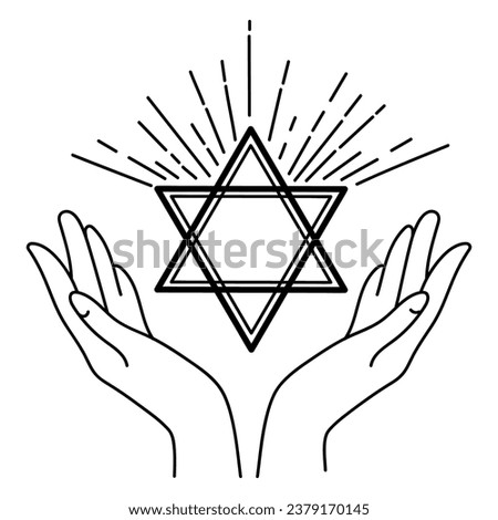 Star of David symbol in open palms Line logo, icon, emblem design. Vector graphics. Star of David with hands black and white simple drawing.Minimalist design illustration