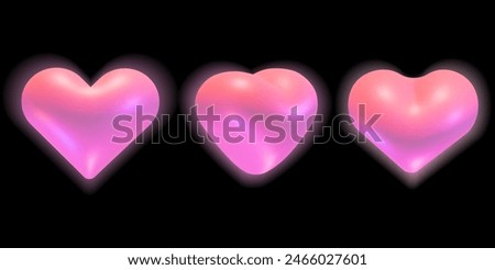 3D hearts set. Holographic shiny hearts with a soft glow various rotation positions collection.Vector 