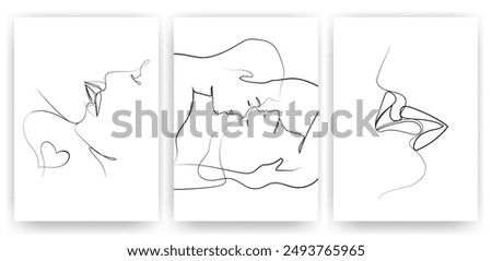 Kisses of lovers One line drawing posters print covers set.Young people kissing hand drawn.Vector graphics