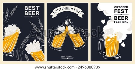 Beer fest template design with mugs of foamy beer ears in line style Vector set. October Fest concept illustration perfect for social media,invitation,cover,banner event poster,flyer