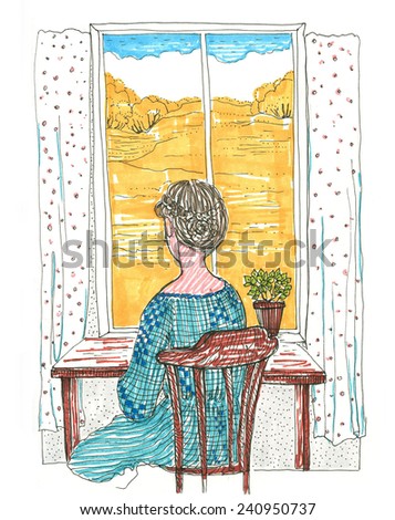 Woman sitting by the window colorful hand-drawn illustration