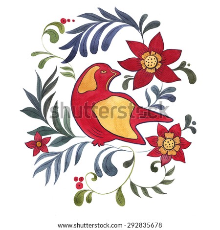 Hand drawing. birds in plants and leafs watercolor graphic illustration on white paper Vintage antique fashion background, red bird on wallpaper, summer and spring theme for design.