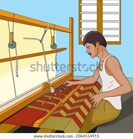 Man weaving, weaver, weaving carpet on weaver loom illustration Stock foto © 
