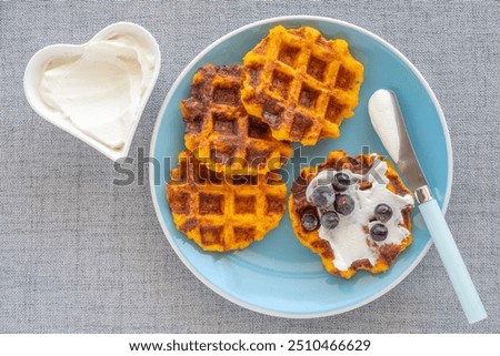 Similar – Image, Stock Photo Waffles served with fresh berries and sugar powder