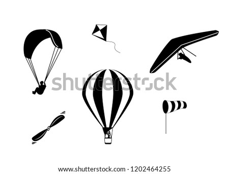 Set of vector icons paraglider hang-gliding hot air balloon wind sock kite and propeller in black color isolated