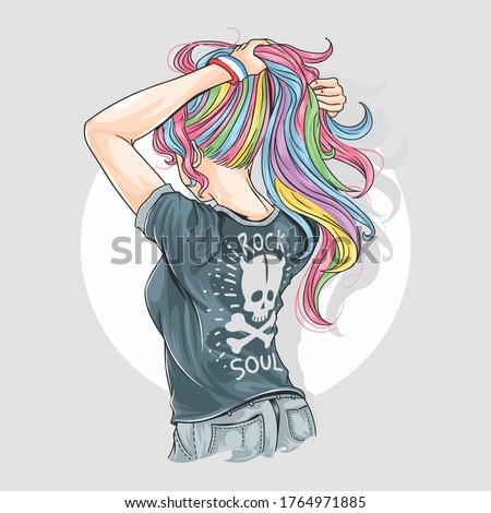 GIRL UNICORN FULL COLOUR HAIR WITH ROCKER T-SHIRT ARTWORK VECTOR