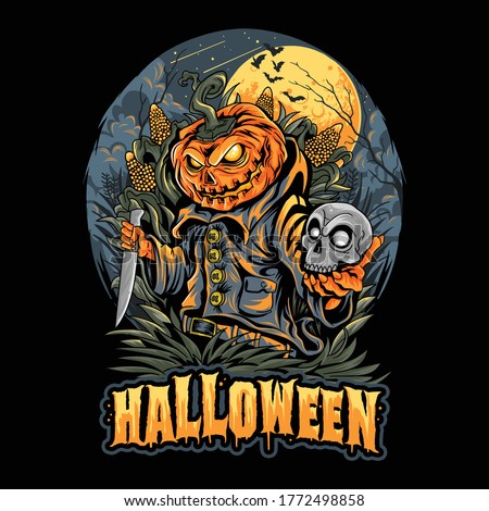 HALLOWEEN SCARECROW, SKULL HEAD AND PUMPKINS ARTWORK VECTOR