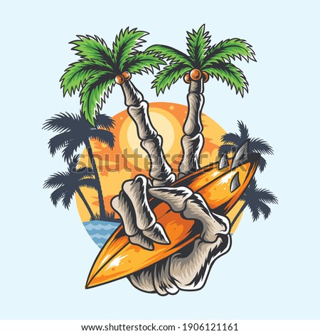 summer design hand skull coconut tree finger holding beach surf board tshirt artwork vector