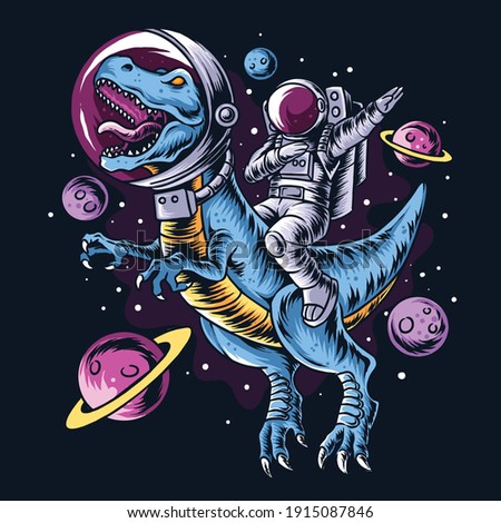 The astronaut drives the t-rex dinosaurs in the outer space full of stars and planets. editable layers vector artwork