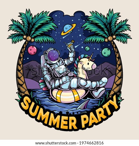 Astronauts sit on a unicorn and float on an island with a beach filled with coconut trees with a sky full of stars, planets and moons and bring a glass of beer