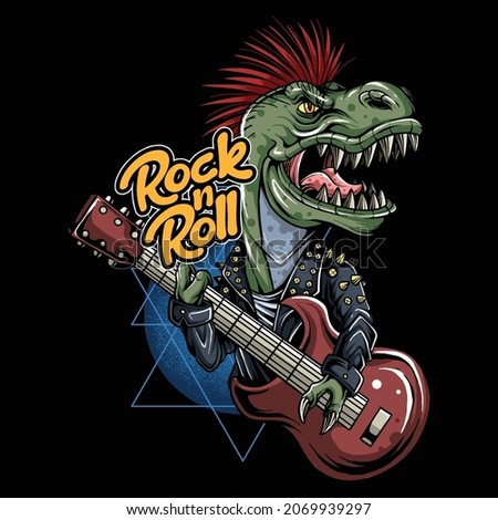 Cyber punk t-rex dinosaur in rocker jacket playing guitar