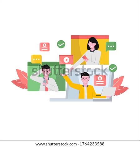 Flat vector illustration of online meet ups together using tablet smartphones and laptops for landing page, ui, mobile app and website