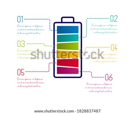 Colorful 6 step infographics in battery shape with number and text box