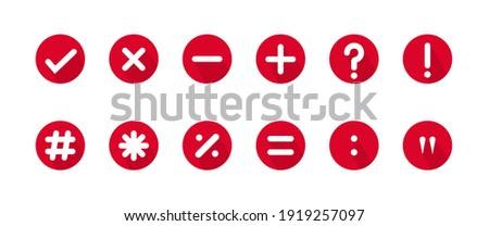 Set of 12 math and typography sign in red and white circle shape
