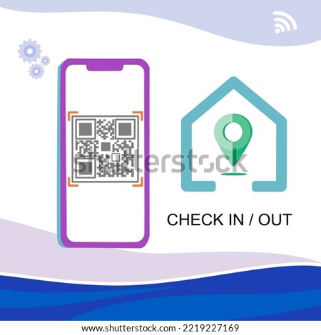 Green map pin inside building icon and smartphone with QR Code.