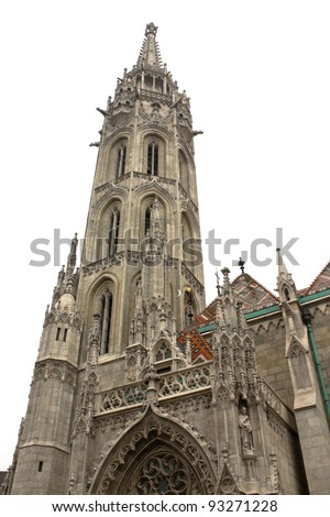 Matthias Church tower isolated on white background  -  Mátyás-templom in Budapest Hungary on Buda\'s Castle District