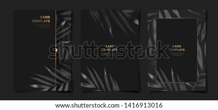 Set of tropical elegant black and gold cover template layout set with foliage background, luxury spa, hotel, card, invitation, salon and more