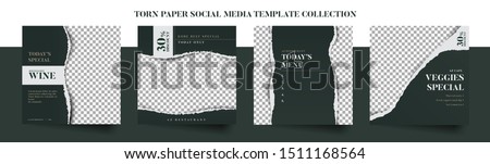 Set of elegant luxury restaurant culinary social media post template, promo, discount, sale, realistic torn paper style
