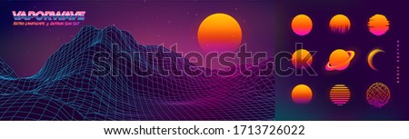 Futuristic neon retrowave background. Retro low poly grid wireframe landscape mountain terrain with set of glowing outrun sun vector illustration template