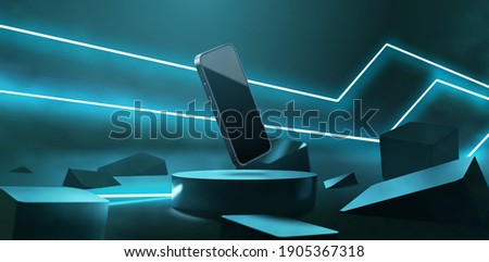 Realistic neon podium scene for product display or presentation. Futuristic neon laser beam light illustration vector. 3d modern smartphone mockup