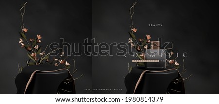 Dark elegant podium scene for product presentation with realistic decorative flowers and branches still life style. professional product display placement template 商業照片 © 