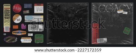 Realistic plastic wrap overlay for album cover art design with collection of fully editable stickers. shrink wrapped plastic sleeve for cover art vector mockup