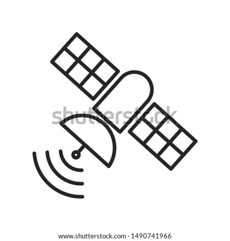 Artificial satelite in orbit around earth. Flat style. On white background. Thin line.