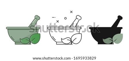Ayurvedic medicine bowl in different style on white background. Mortar and pestle sign. Herbal medicine concept. Isolated. Flat style. Stockfoto © 