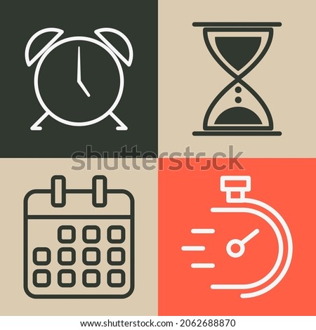 Time icon set. Alarm clock, hour glass, calendar and stopwatch icons. Flat style outline. Isolated. 
