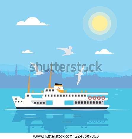 Bosphorus, silhouette and Istanbul Ferry drawing. Steamboat, seagulls