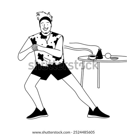 Outline, young man energetically exercising at home, doing a stretch. Vector illustration