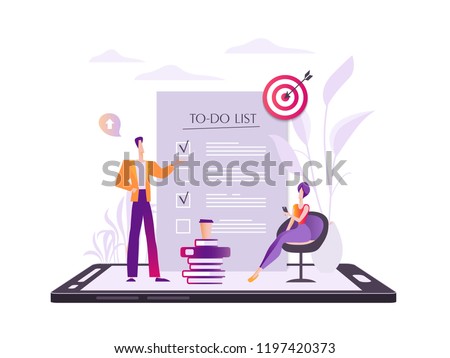 The concept of personal time planning, time management training, mobile to-do lust app. A woman is sitting in the hands of a woman. Modern flat vector illustration isolated on white background