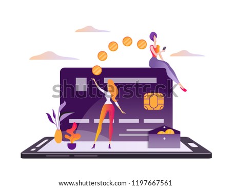 Concept online money transfer, electronic payments, online banking, e-commerce, mobile payment. Users of the mobile app transfer and receive money using a smartphone. Modern flat vector illustration