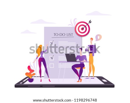 Concept of personal time planning, time management training, mobile to-do lust app. Modern flat vector illustration isolated on white background
