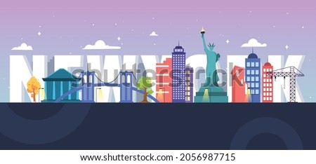 Morning bright vector illustration new york famous landmarks travel with big font background.