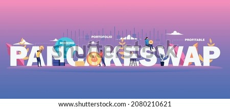 Vector illustration pancakeswap logo cryptocurrency with floral and people background.