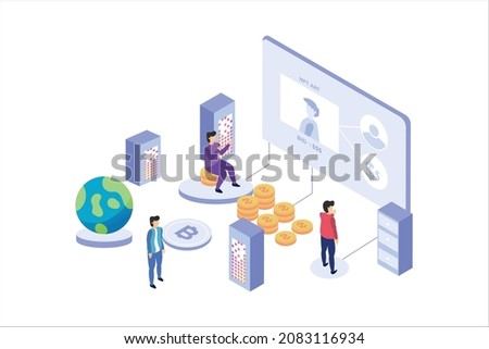 Vector illustration group of people busy working on project technology NFT non-fungible tokens for cryptocurrency isolated on office background.