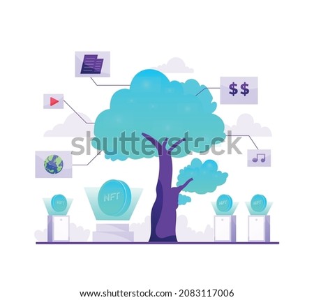 Vector illustration of NFT non-fungible tokens tree art for cryptocurrency with logo icon around background.