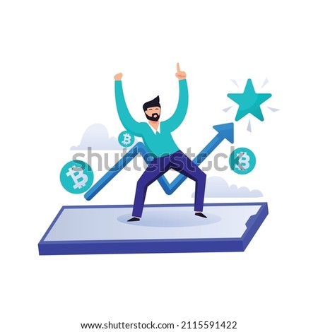 Vector illustration happy dancing man with bitcoin stonk market cryptocurrency  infograph background.