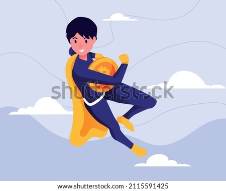 Flying superman cryptocurrency holding bitcoin in the cloud vector illustration background.