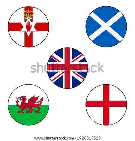 United Kingdom and Northern Ireland Flag vector Icon set with Union Jack, Wales, Scotland, England flags in Europe.	