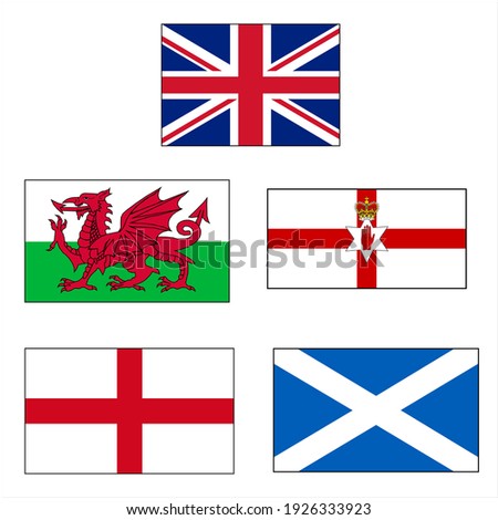 United Kingdom and Northern Ireland Flag vector Icon set rectangles with Union Jack, Wales, Scotland, England flags in Europe.