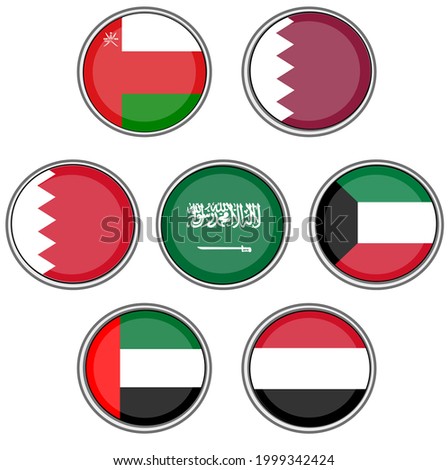 GCC Gulf Country Middle East Flag 3D Icon set on isolated white background. United Arab Emirates, Kuwait, Qatar, Bahrain, Saudi Arabia, Yemen and Oman.