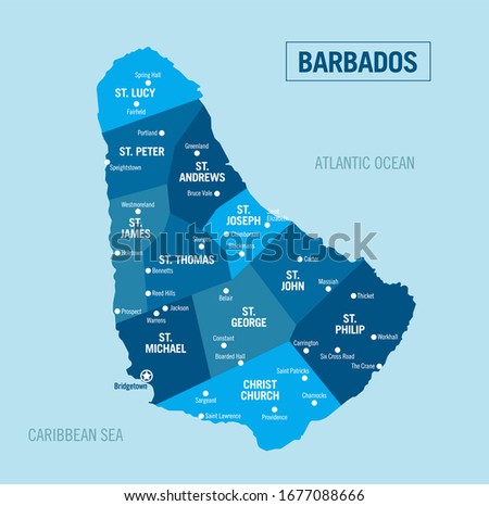 Barbados political map. Barbados island with isolated provinces, departments and cities. Vector illustration.