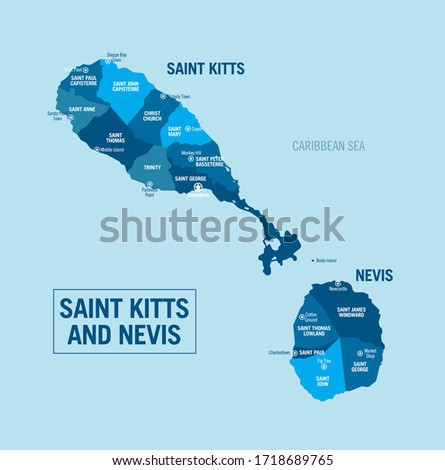 Saint Kitts and Nevis country island political map. Central America. Detailed illustration with isolated regions, provinces, departments and cities. 