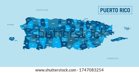 Puerto Rico country, Island political map. Detailed illustration with isolated regions, departments and cities easy to ungroup.