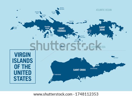 U.S. Virgin Islands of the United States political map. Detailed illustration with isolated islands and cities, easy to ungroup. Vector illustration.