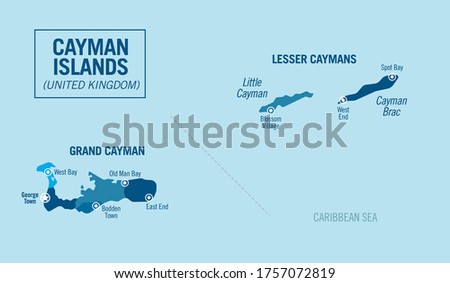 Cayman islands, United Kingdom. Detailed political map with isolated provinces, regions and cities, easy to ungroup. Vector illustration.