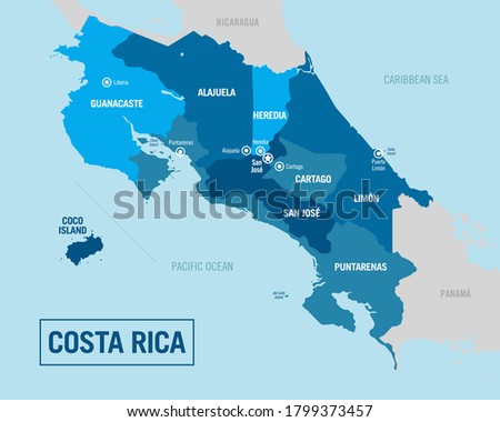 Costa Rica country political map. Detailed illustration with isolated regions, provinces, departments, states and cities easy to ungroup.